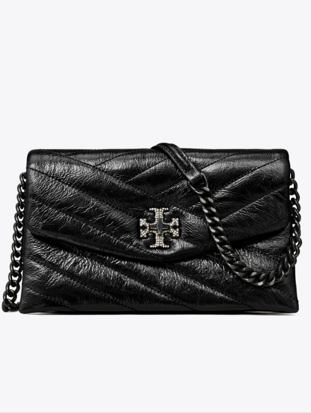 Tory Burch Black Quilted Leather Chain Crossbody Bag with Logo